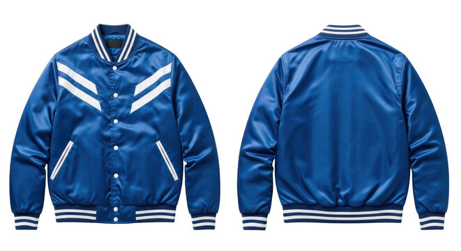 Blue satin bomber jacket with white stripe details, front and back view