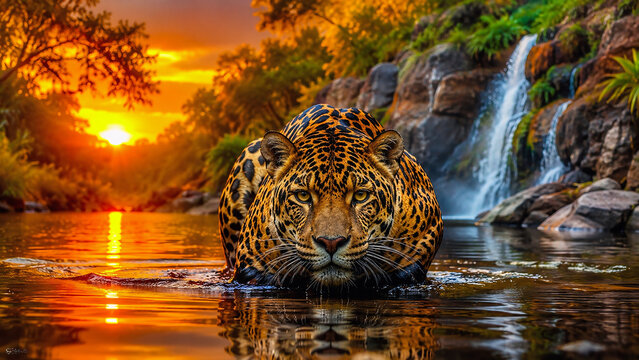 A majestic leopard crouches in a serene river with a waterfall in the background