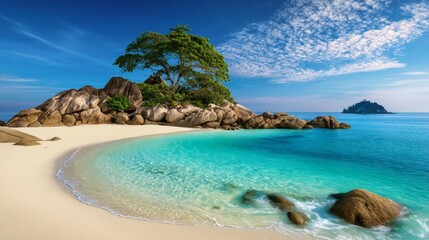 Fototapeta premium Idyllic Tropical Seascape with Soft White Beaches and Crystal Clear Water Under a Blue Sky