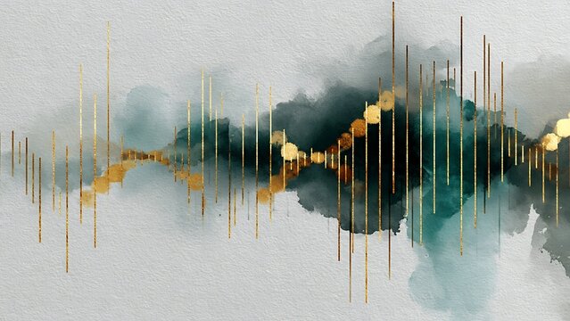 Abstract Watercolor Stock Market Chart with Gold and Teal Candlesticks Financial Art