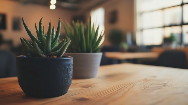 A modern workspace featuring a wooden desk, potted succulents, and soft natural lighting.