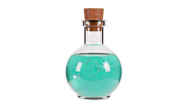 Glass potion bottle with blue liquid and cork stopper