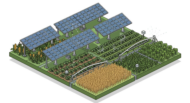 Isometric illustration of agrivoltaic farm combining solar energy and agriculture.