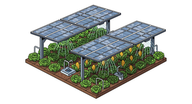 Isometric agrivoltaic system showing solar panels integrated with a vegetable garden.