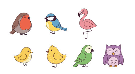 Cute Cartoon Birds Collection: Robin, Tit, Flamingo, Owl, Chick © padang