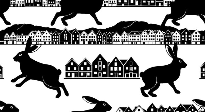 Black Silhouette Hares Running Amid Stylized Village Skyline.