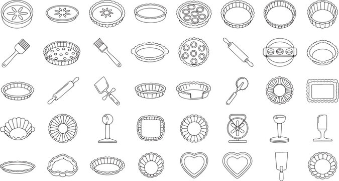 Black and white illustration of various baking utensils and dessert molds for baking and cooking  baking tools and dessert pans