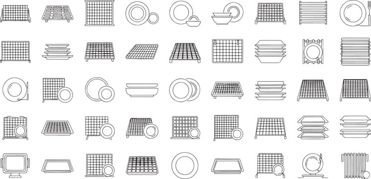 Line drawing of dish rack icons in various shapes and sizes with plates bowls and dishes on them for kitchen and dining concepts  many different types of dish racks