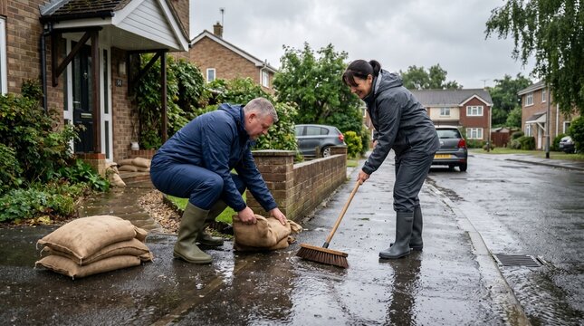 Neighborhood Flood Preparation Sandbags Protecting Home After Heavy Rain