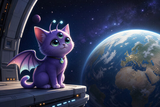 Adorable Purple Space Cat with Large Eyes - Galactic Pet Illustration