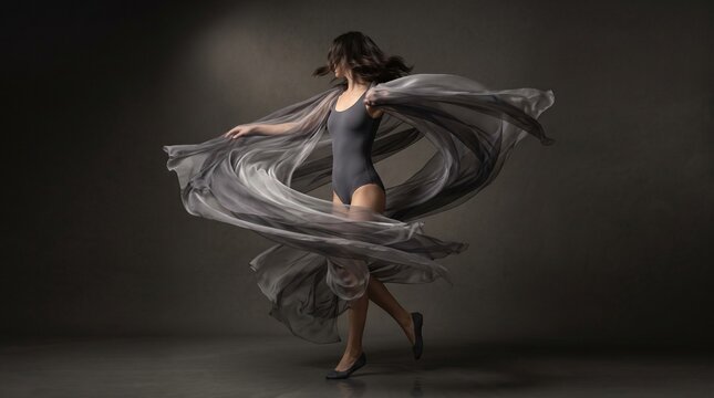 Dynamic Beauty Turn With Spiral Liquid Fabric In Dark Studio