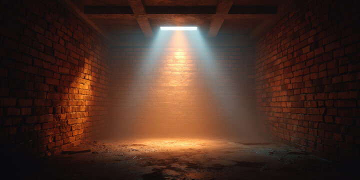 Abandoned brick room, dim light, dusty floor, empty interior, old cellar, gloomy atmosphere