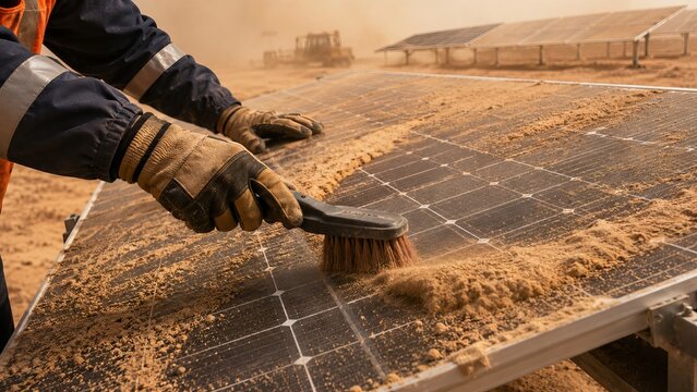 Worker cleaning solar panels in harsh desert environment with sandstorm in background. concept of renewable energy maintenance, sustainable power solutions, extreme climate adaptation
