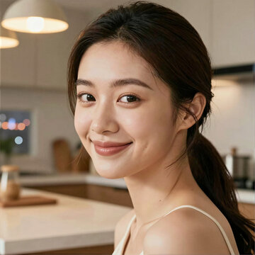 Close up portrait of a relieved young Asian woman smiling at home, authentic skin texture, dimple smile, inner peace after a chaotic day