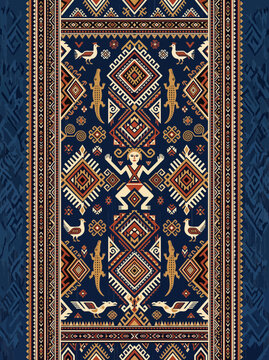 Traditional Sumba ikat textile pattern featuring tribal human figures, animal motifs, and geometric ornaments inspired by Indonesian cultural heritage.