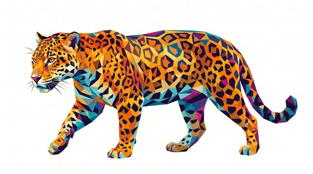 Colorful Low Poly Jaguar Walking Geometric Wild Cat Illustration