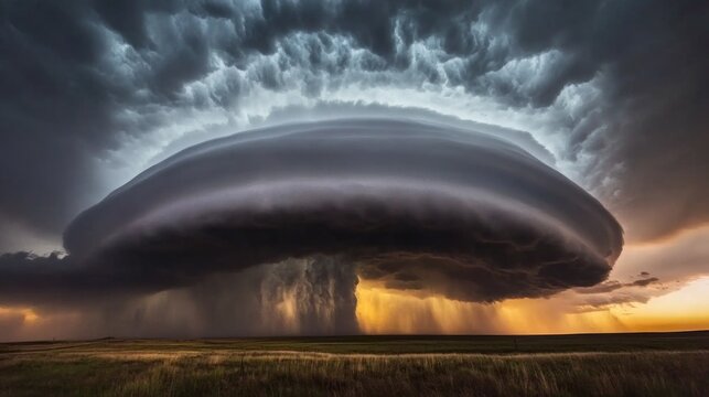 Dramatic supercell thunderstorm over a grassy plain.