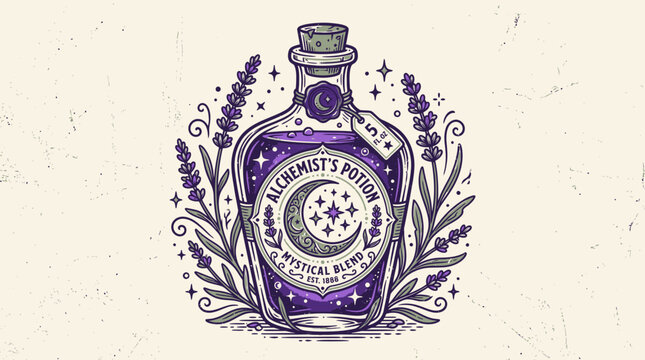 Mystical potion bottle illustration with floral elements and crescent moon