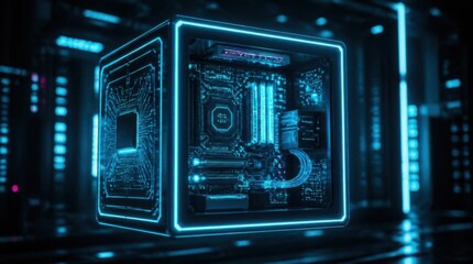 Fototapeta premium Futuristic quantum computer cube glowing with blue neon light circuits in dark server room.