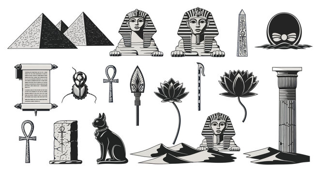 Ancient Egyptian Culture Elements: Pharaoh, Pyramids, Sphinx, Scarab, Ankh Black  White Line Art