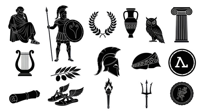 Ancient Greece Vector Icons Set. Greek Mythology Symbols, Historical Glyphs, and Classical Culture Black Silhouettes.