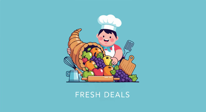 Chef and Cornucopia Harvest on Blue Striped Background