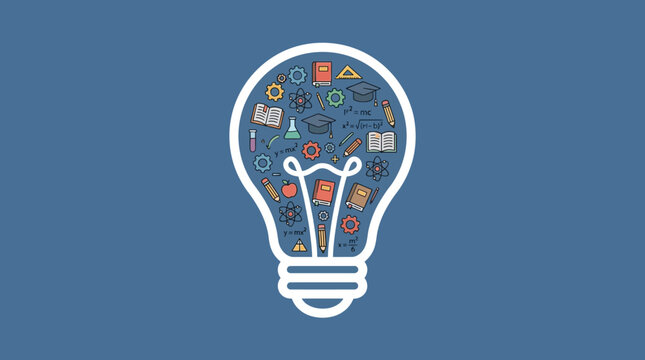 Creative idea light bulb icon with colorful symbols.