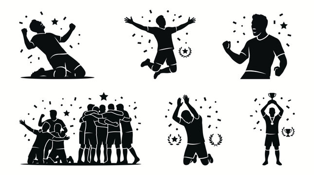 Soccer Goal Celebration and Football Victory Silhouette Icon Set