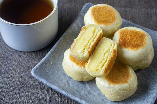 Authentic Bakpia Kacang Hijau or bakpia with mung bean filling, a popular sweet snack from Yogyakarta Indonesia on a plate