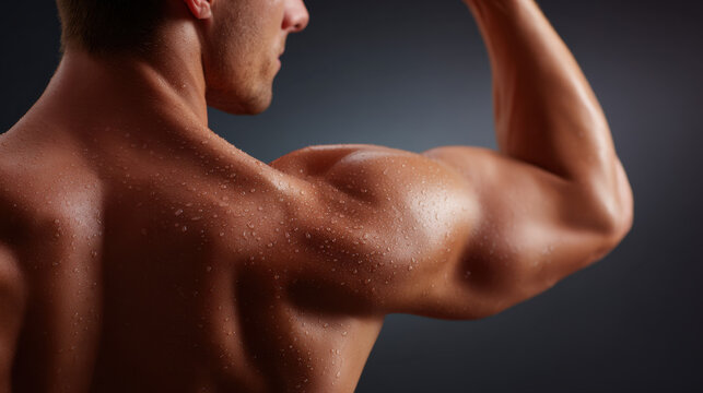 Back view muscular man flexed arm bare back strong shoulder athletic body skin with sweat fitness training bodybuilding pose studio lighting