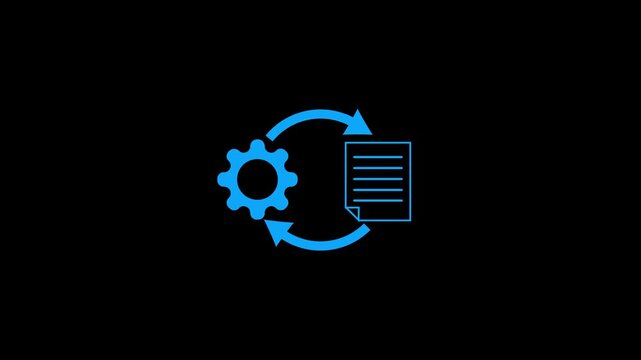 Bright blue gear and document with circular arrows illustrating process flow and data synchronization on a black background