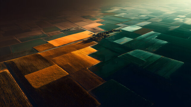 Aerial top-down view of patchwork farm fields in green and orange