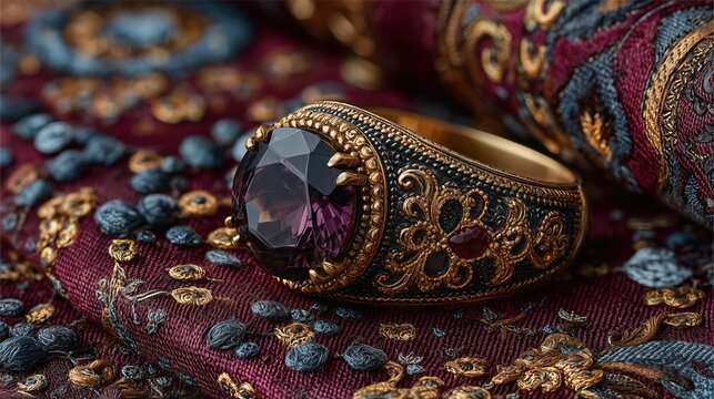 Elegant Vintage Garnet Ring with Ornate Gold Filigree Macro Photography