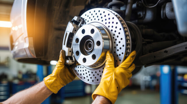 Mechanic inspecting brake rotor in car garage