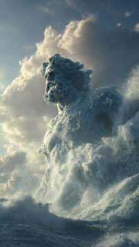 Greek mythology sea god Poseidon. Fantasy. A dramatic portrayal of a colossal, intricately carved statue of a man with a flowing beard and curly hair.