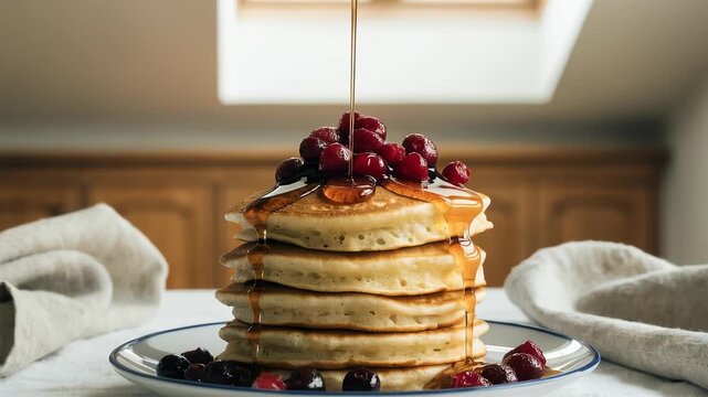 Golden maple syrup pouring over stack of fluffy pancakes with fresh red cherries, slow motion, delicious breakfast food concept