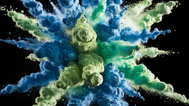 Dynamic blue and green powder explosion bursts outwards, vibrant color particles scattering against a stark black background