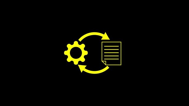 Yellow gear and document with circular arrows symbolizing process flow and data synchronization on a black background
