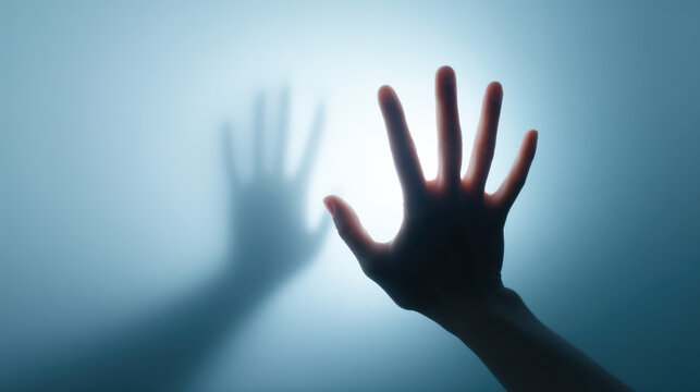 Hand silhouette frosted glass pressed hand shadow backlight blue background human hand fingers spread transparent surface lonely mood abstract close up silhouette handprint reflection blurred hand