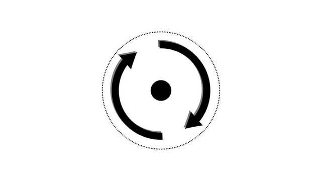 A central black dot is enclosed by two thick white arrows forming a circular path, with a dotted white circle outline, all set against a clean white background, symbolizing a cycle