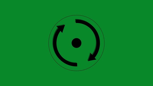 A central black dot is encircled by two thick black arrows forming a circular motion, enclosed within a dotted circle outline, all set against a solid green background, representing a