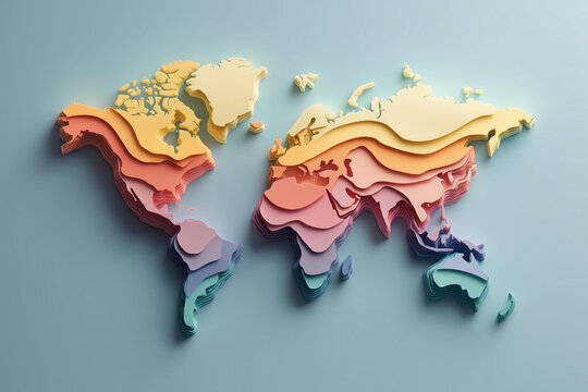 Aesthetic 3D layered world map with smooth orange and pink gradient terrain, warm modern presentation background, 부드러운 오렌지와 핑크 그라데이션 지형의 미적 3D 레이어드 세계 지도, 따뜻하고 현대적인 프레젠테이션 배경