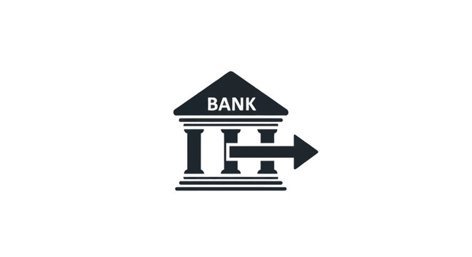 Black bank building icon with three columns and a triangular roof featuring the word BANK, with a bold solid arrow pointing outward to the right, representing a financial wire transfer.