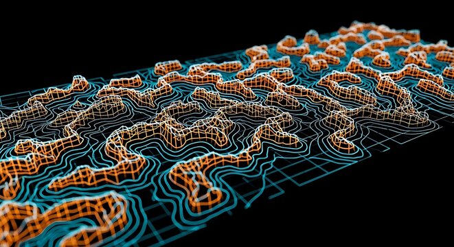 Dark abstract topographic contour map with glowing orange grids 