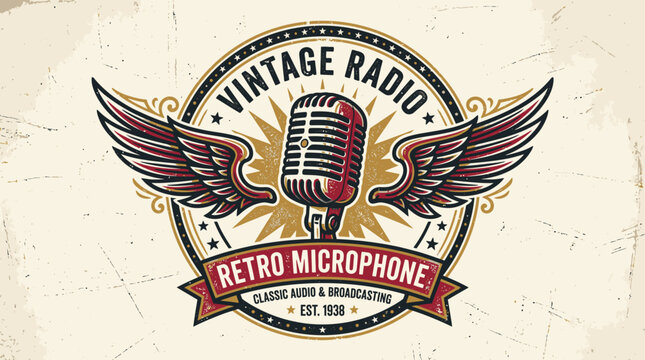 Vintage microphone illustration with winged emblem for audio broadcasting