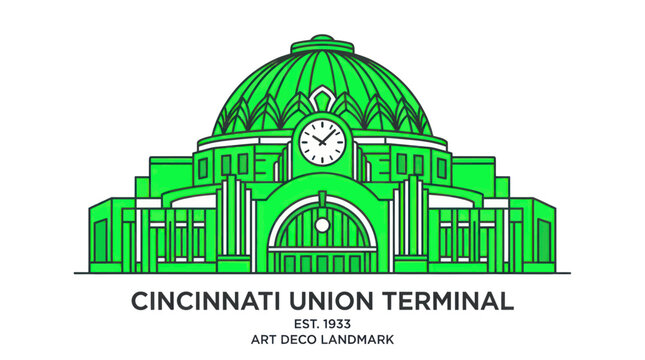 Cincinnati Union Terminal Art Deco Landmark Building Illustration