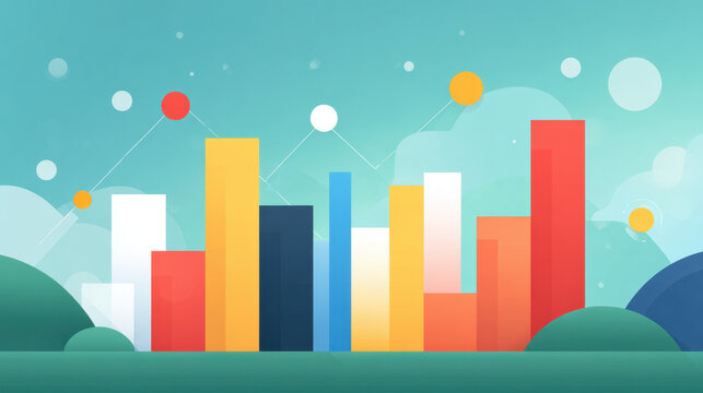 Abstract chart with bar graph and line graph on teal background, colorful business data visual
