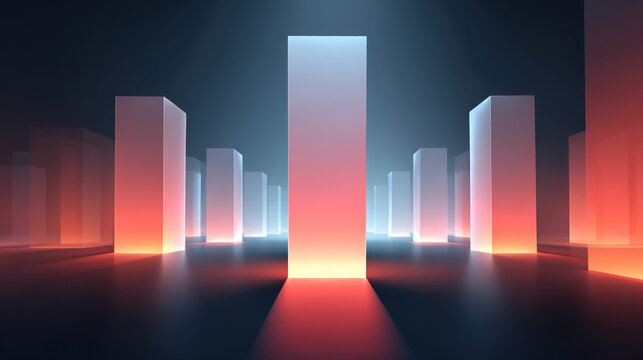 Abstract architectural space glowing light columns modern corridor symmetrical perspective futuristic interior neon gradient illuminated pillar dark room reflective floor digital art