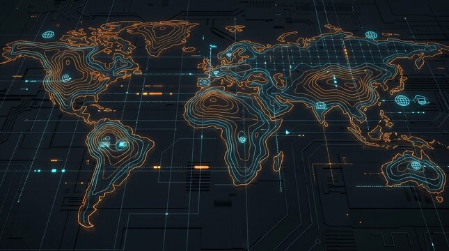 Dark abstract topographic contour map with glowing orange grids 