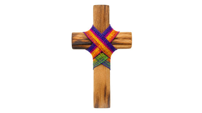 Wooden Cross with Colorful Woven Threads Symbolizes Faith and Unity